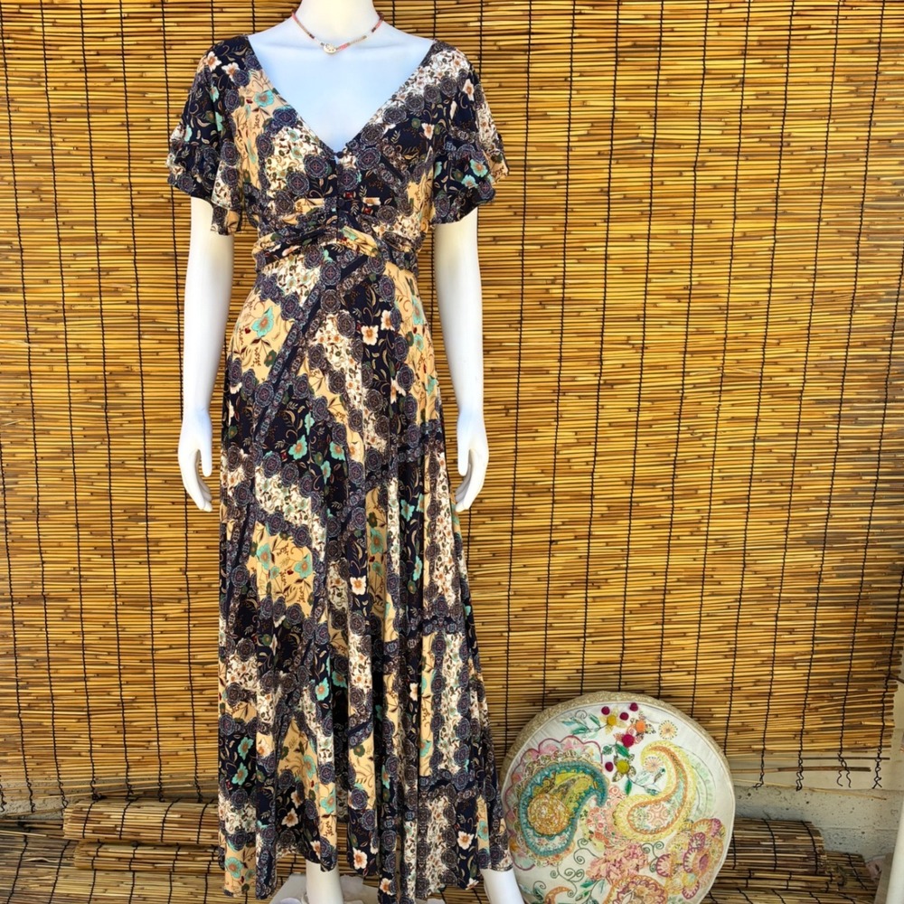 Abel The Label‎ Patchwork Floral Maxi Dress Navy Gold V-Neck Flutter Sleeve